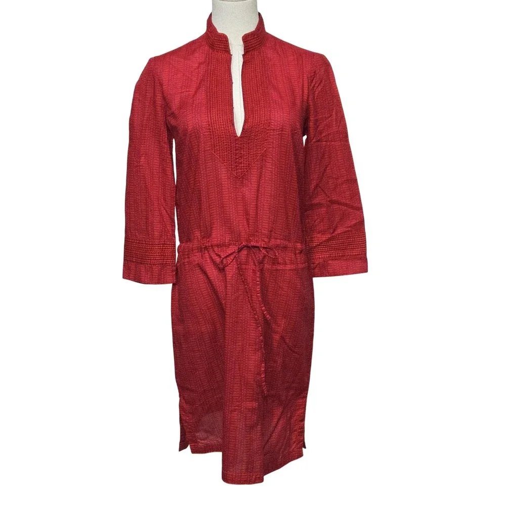 Tory Burch Dress Womens 2 Red Geometric Print Tunic Split Neck Waist Tie Boho‎